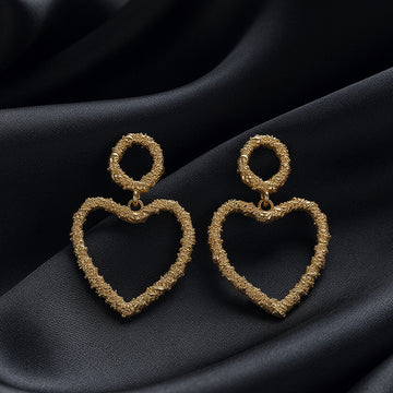 Textured Gold Heart Drop Earrings – Stylish Statement Earrings for Women