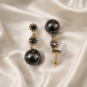 Black Crystal & Pearl Drop Earrings with Gold-Tone Finish