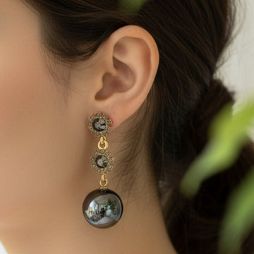 Black Crystal & Pearl Drop Earrings with Gold-Tone Finish