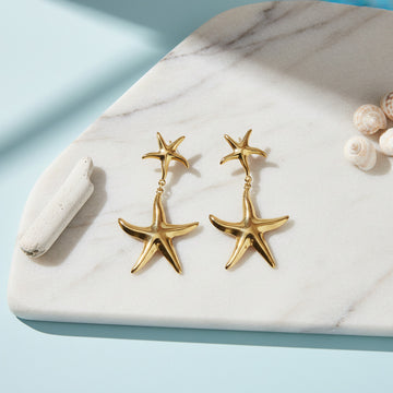 Gold Tone Double Starfish Drop Earrings