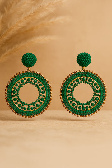 Handmade Green Beaded Oval Hoop Earrings