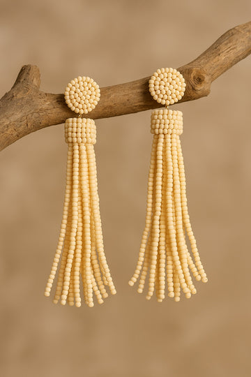 Handmade Ivory Beaded Tassel Earrings