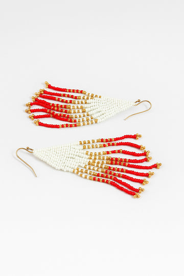 Handmade White, Gold & Red Beaded Tassel Earrings