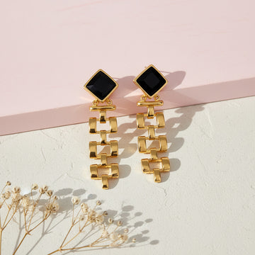 Geometric Black Stone Drop Earrings with Gold Chain Link Design