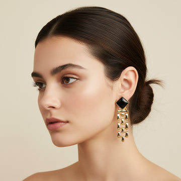 Geometric Black Stone Drop Earrings with Gold Chain Link Design