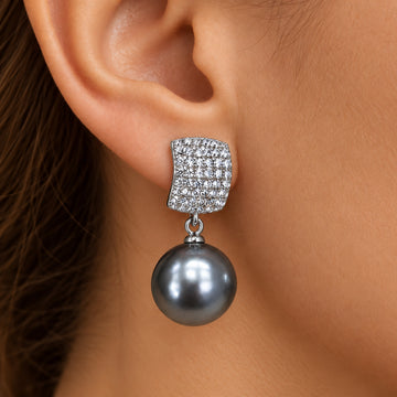 Jewelz Silver Rhinestone & Grey Pearl Drop Earrings