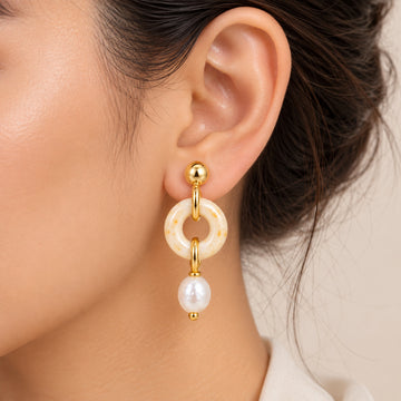 Jewelz Gold Beige Stone & Pearl Drop Link Earrings