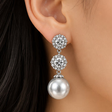 Jewelz Silver Double Crystal & Grey Pearl Dangle Earrings