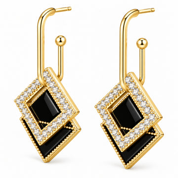 Jewelz Gold Black Enamel & Rhinestone Geometric Earrings