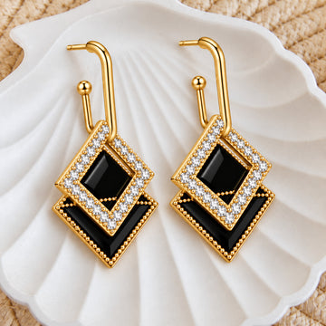 Jewelz Gold Black Enamel & Rhinestone Geometric Earrings