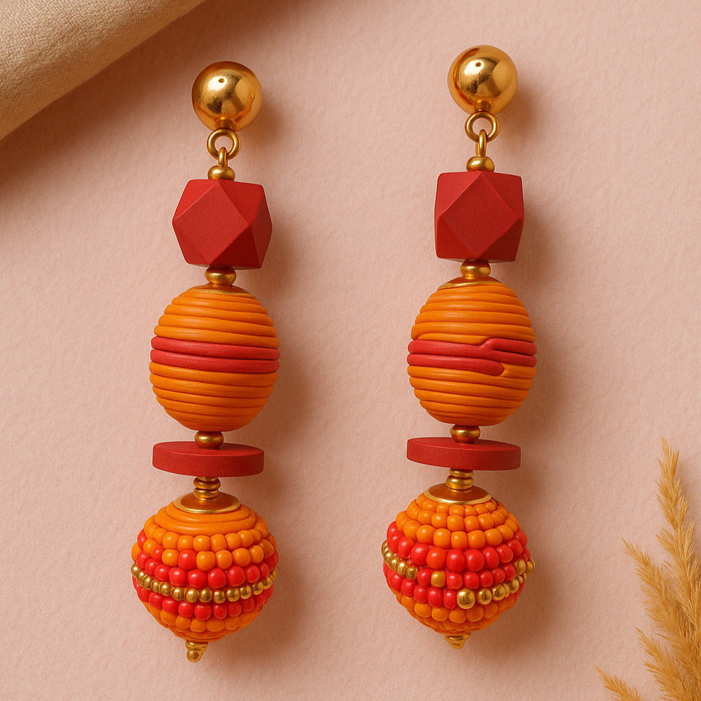 Handmade Orange & Pink Beaded Drop Earrings