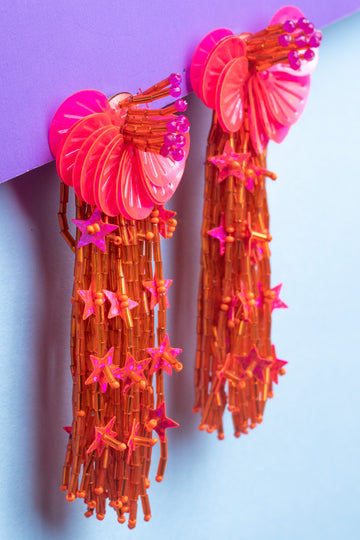 Bold Pink & Orange Beaded Floral Tassel Earrings