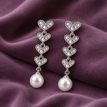 Jewelz Silver Rhinestone Heart Chain & Pearl Drop Earrings