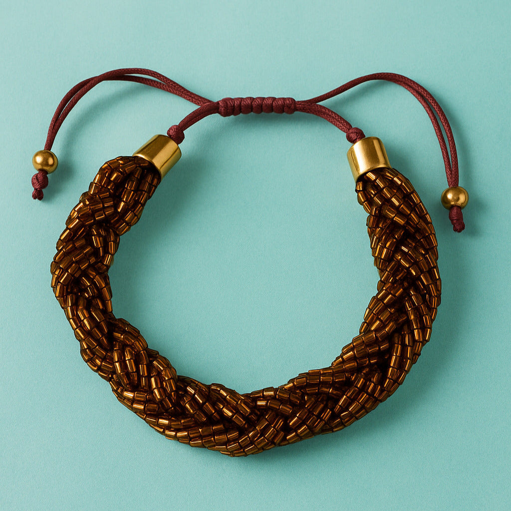 Brown braided bracelet with gold accents on a light blue background