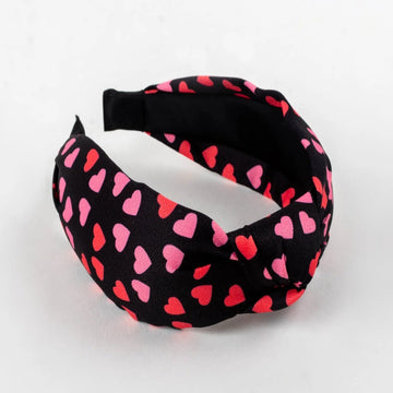 Top Knot Black Hair Band with Colorful Heart Prints