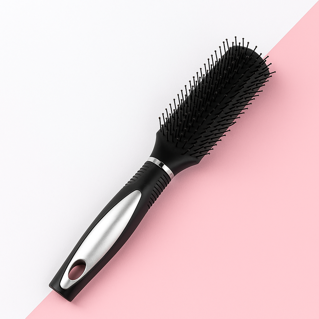 Black hairbrush with a silver handle on a pink background