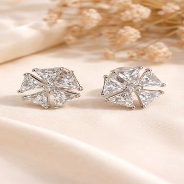 Pair of diamond stud earrings on a soft beige background with dried flowers.