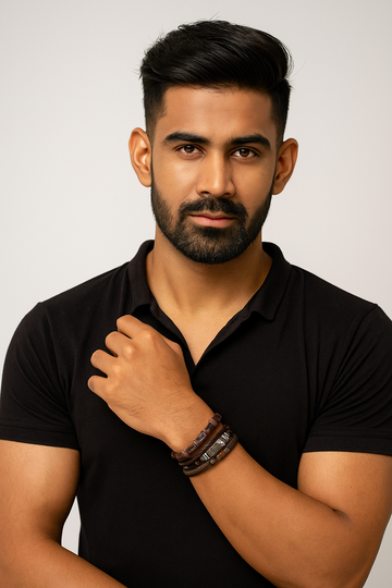 Set of 4 Brown Leather & Beaded Bracelets