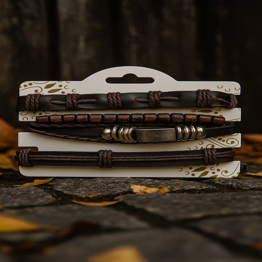Set of 4 Brown Leather & Beaded Bracelets