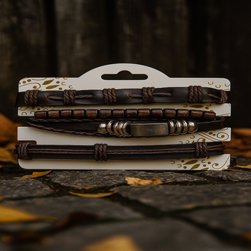 Set of 4 Brown Leather & Beaded Bracelets