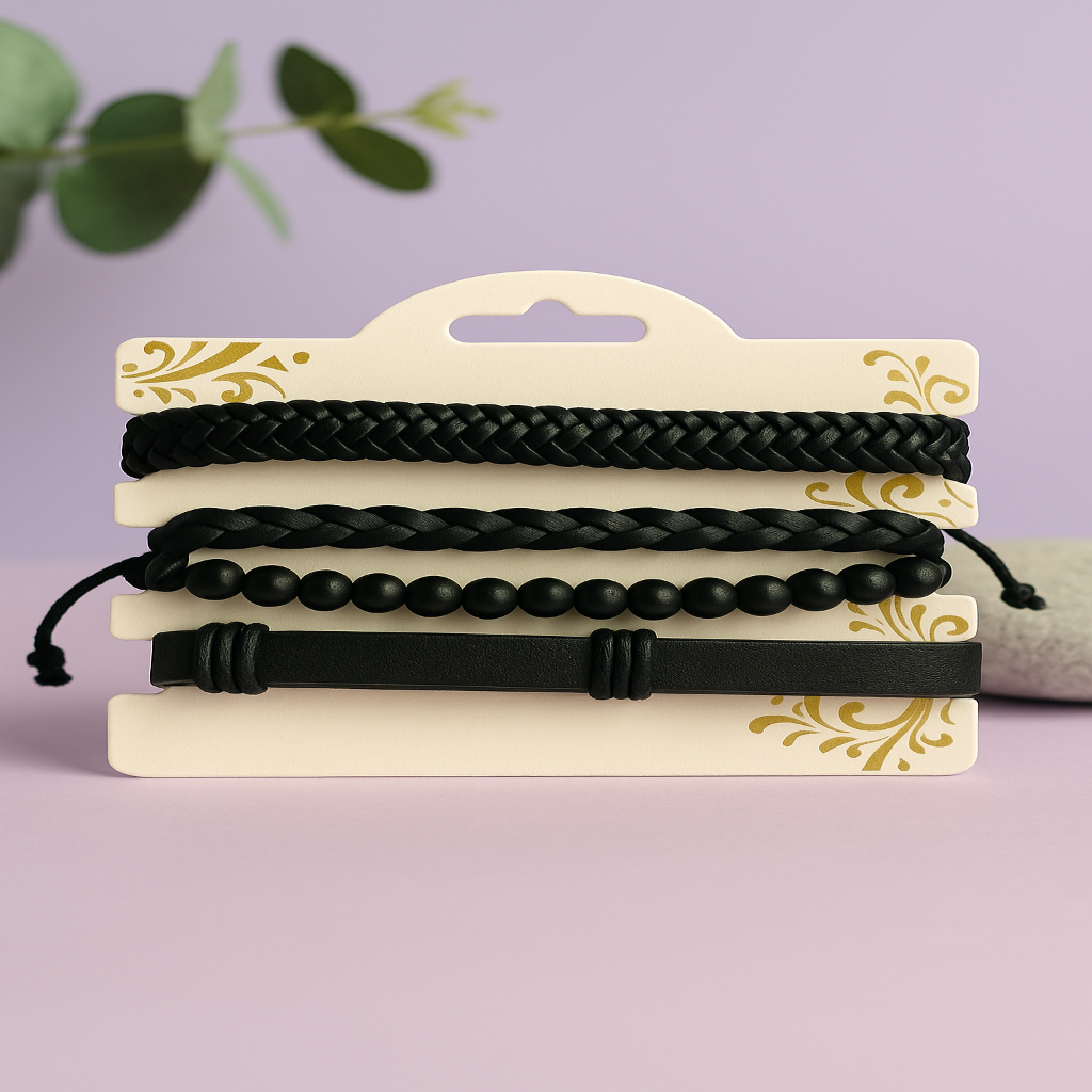 Set of 4 Black Leather & Beaded Bracelets