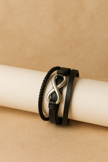 Black Leather Bracelet with Infinity Charm