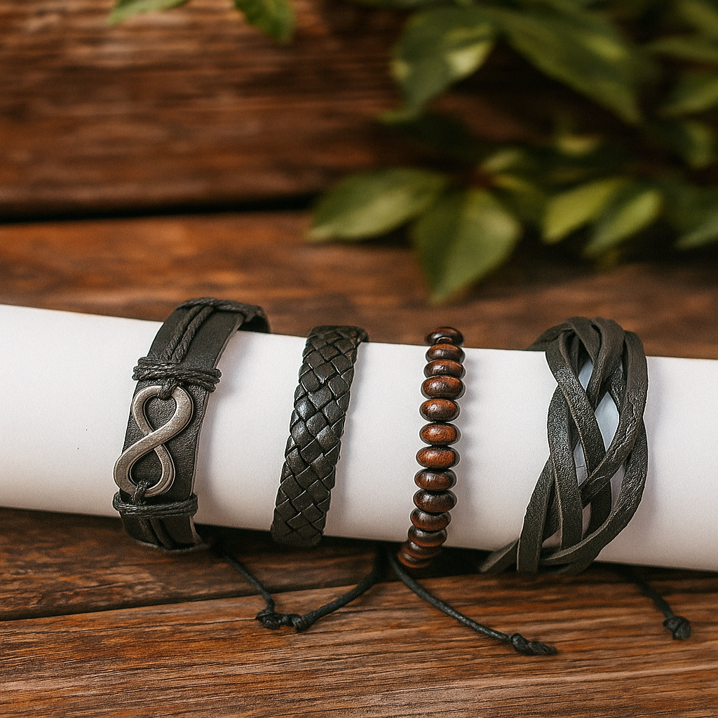 Set of 4 Black Leather & Beaded Bracelets