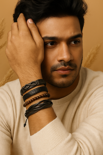 Set of 4 Black Leather & Beaded Bracelets