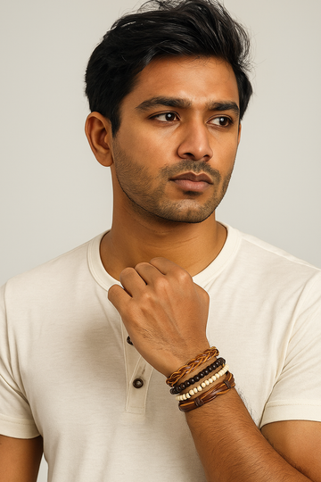 Set of 4 Brown Leather & Beaded Bracelets