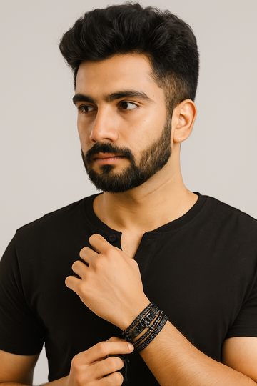 Set of 4 Black Leather & Beaded Bracelets