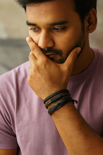 Set of 4 Black & Brown Leather Bracelets