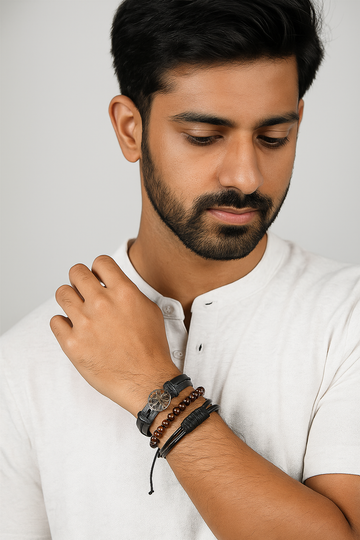 Set of 4 Black & Brown Beaded Leather Bracelets