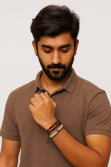 Set of 4 Brown Leather & Beaded Bracelets for Men