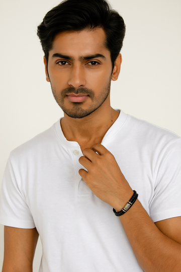 Black Braided Leather Bracelet with Silver Beads