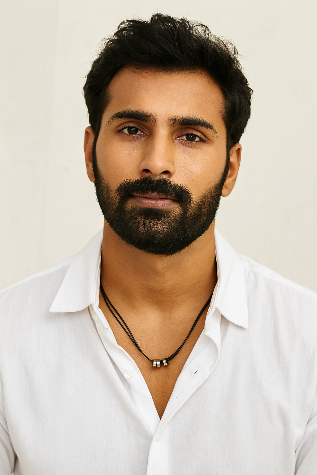 Man wearing a white shirt with a neutral background