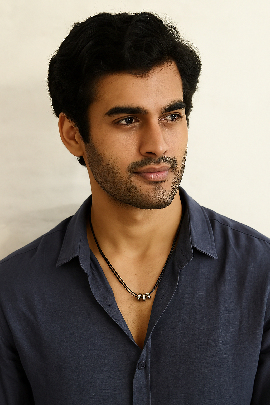 Man wearing a dark shirt against a plain background