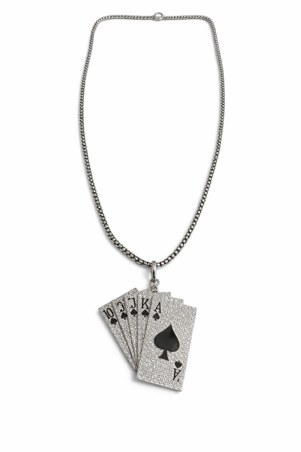 Necklace with playing card pendant on a white background