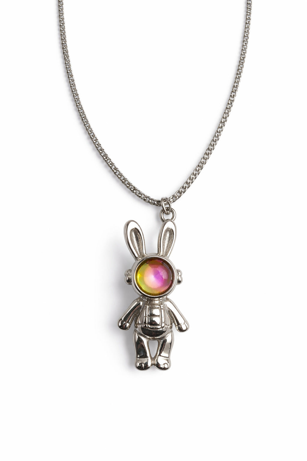Silver rabbit pendant with a colorful gemstone on a white background