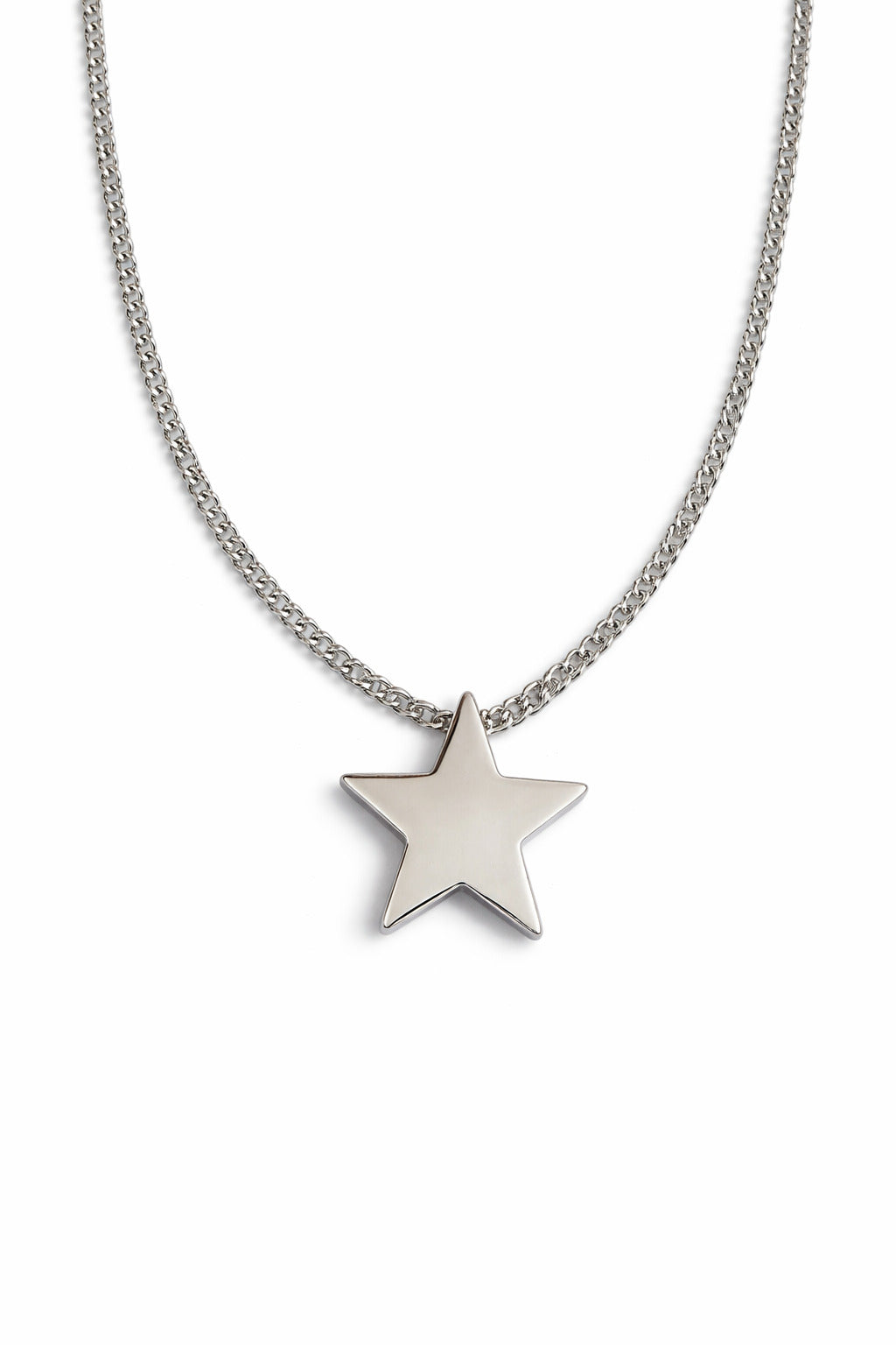 Silver star pendant on a chain against a white background