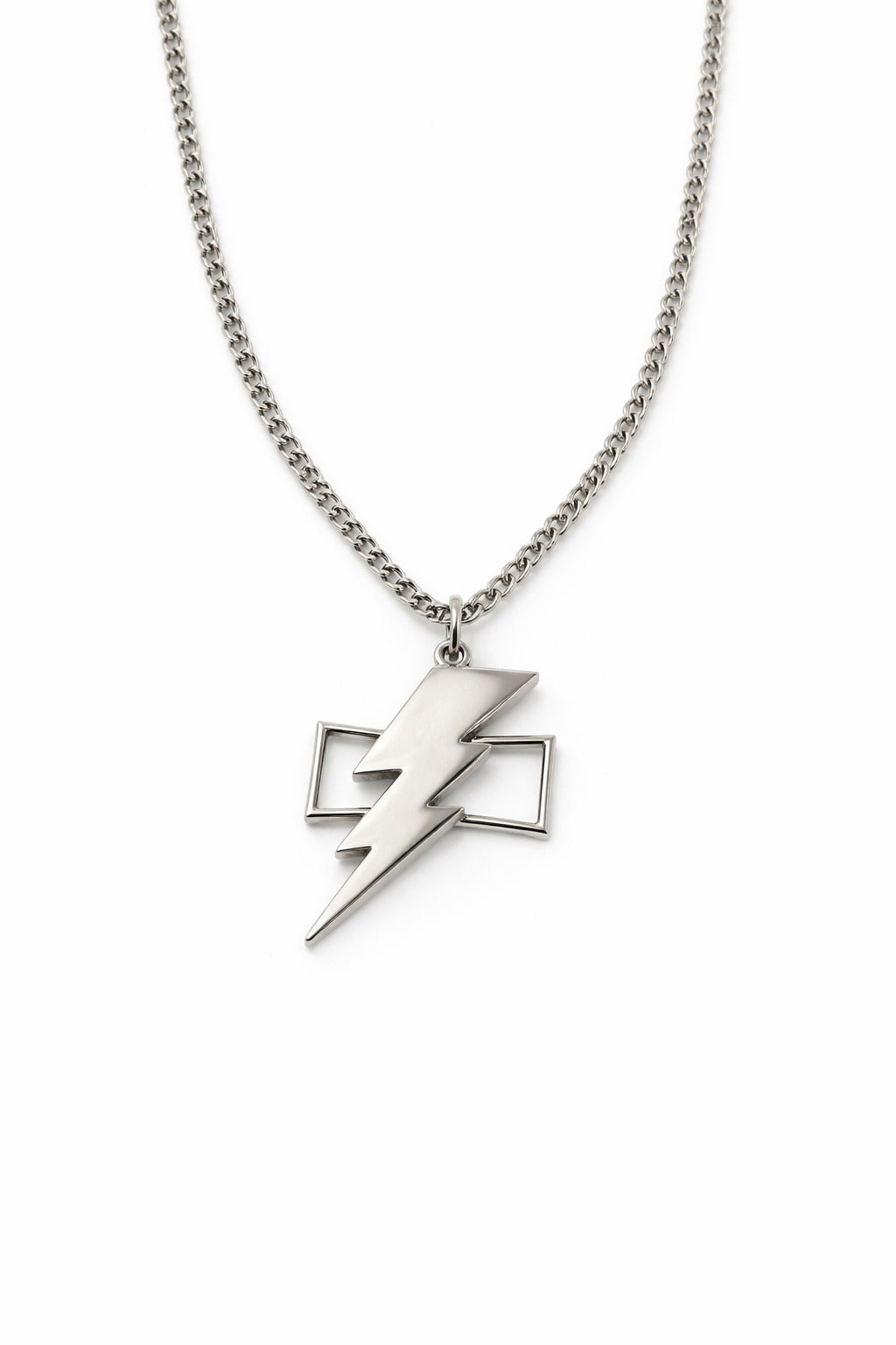 Silver lightning bolt pendant on a chain against a white background