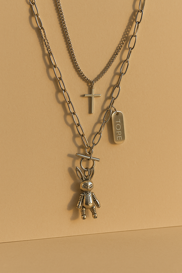 Set of 2 Silver Chain Necklaces with Cross & Teddy Pendants