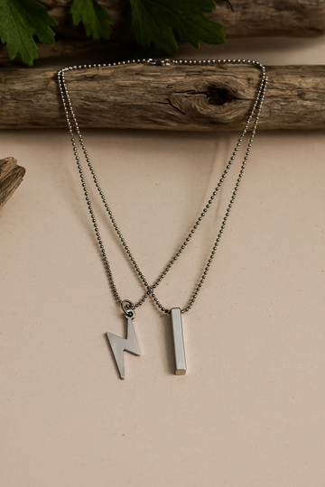Set of 2 Silver Chain Necklaces with Lightning & Bar Pendants