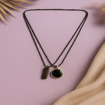 Set of 2 Black Chain Necklaces with Oval & Bar Pendants