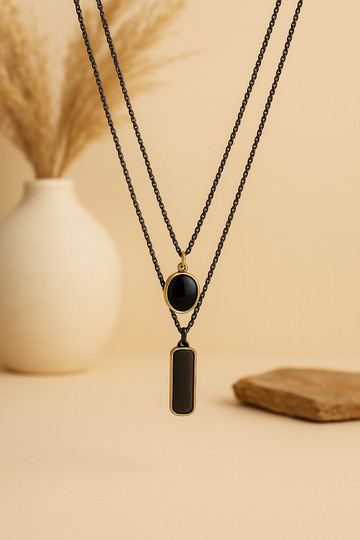 Set of 2 Black Chain Necklaces with Oval & Bar Pendants