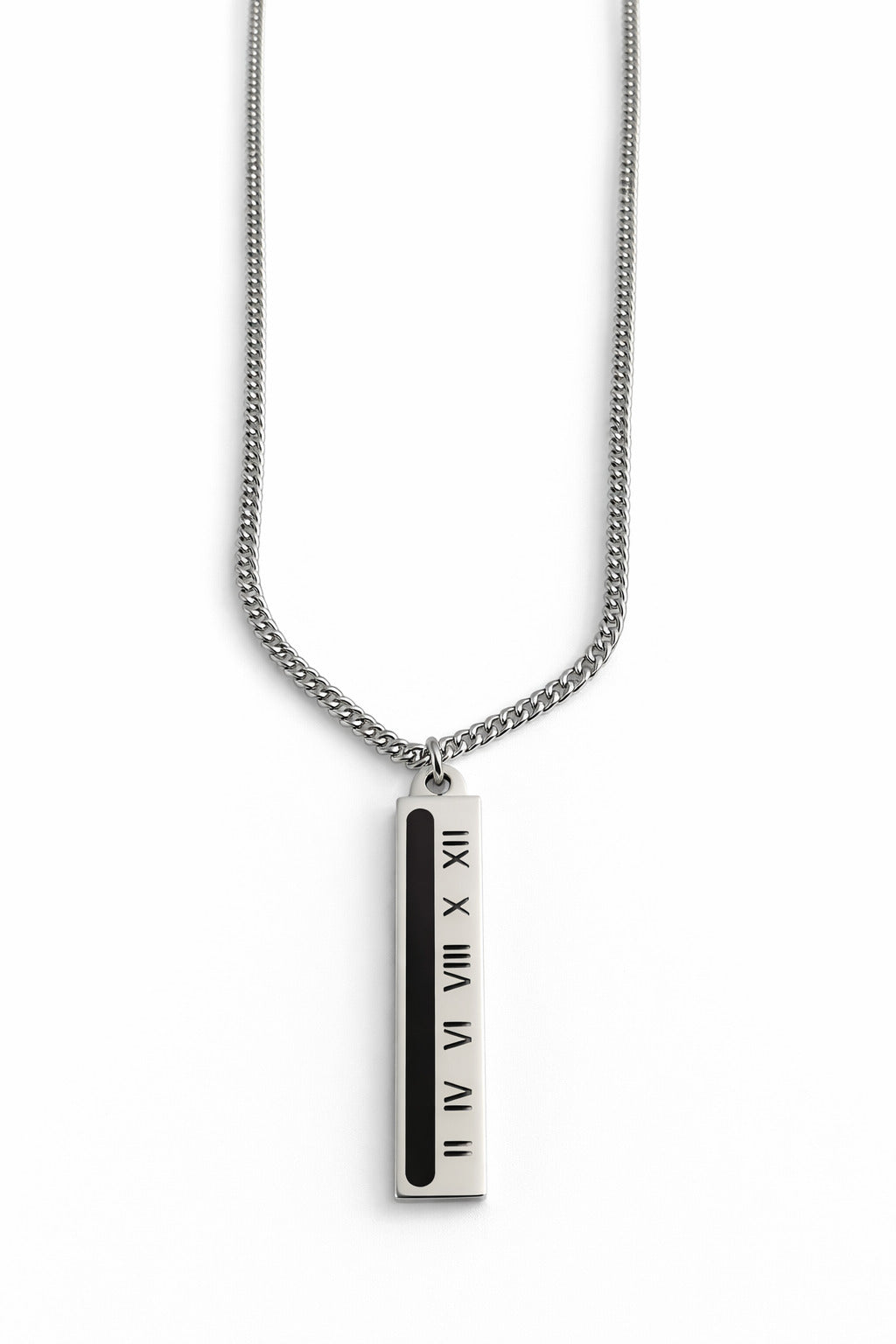 Necklace with a rectangular pendant featuring Roman numerals on a white background