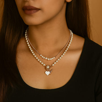 Jewelz Layered Pearl Necklace with Heart Pendant