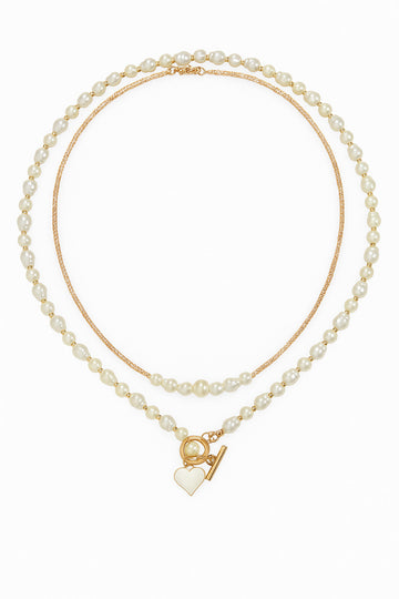 Jewelz Layered Pearl Necklace with Heart Pendant