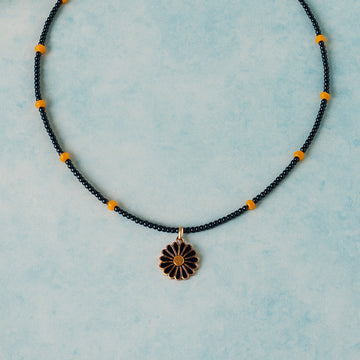 Jewelz Black & Yellow Beaded Necklace with Floral Pendant