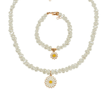 Jewelz Pearl Necklace & Bracelet Set with Daisy Charm