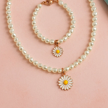 Jewelz Pearl Necklace & Bracelet Set with Daisy Charm